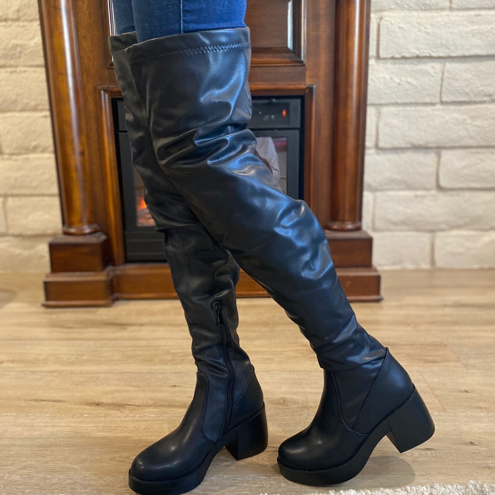 Thigh High Vegan Leather Chunky High Heel Boots OTK - Picture 7 of 13